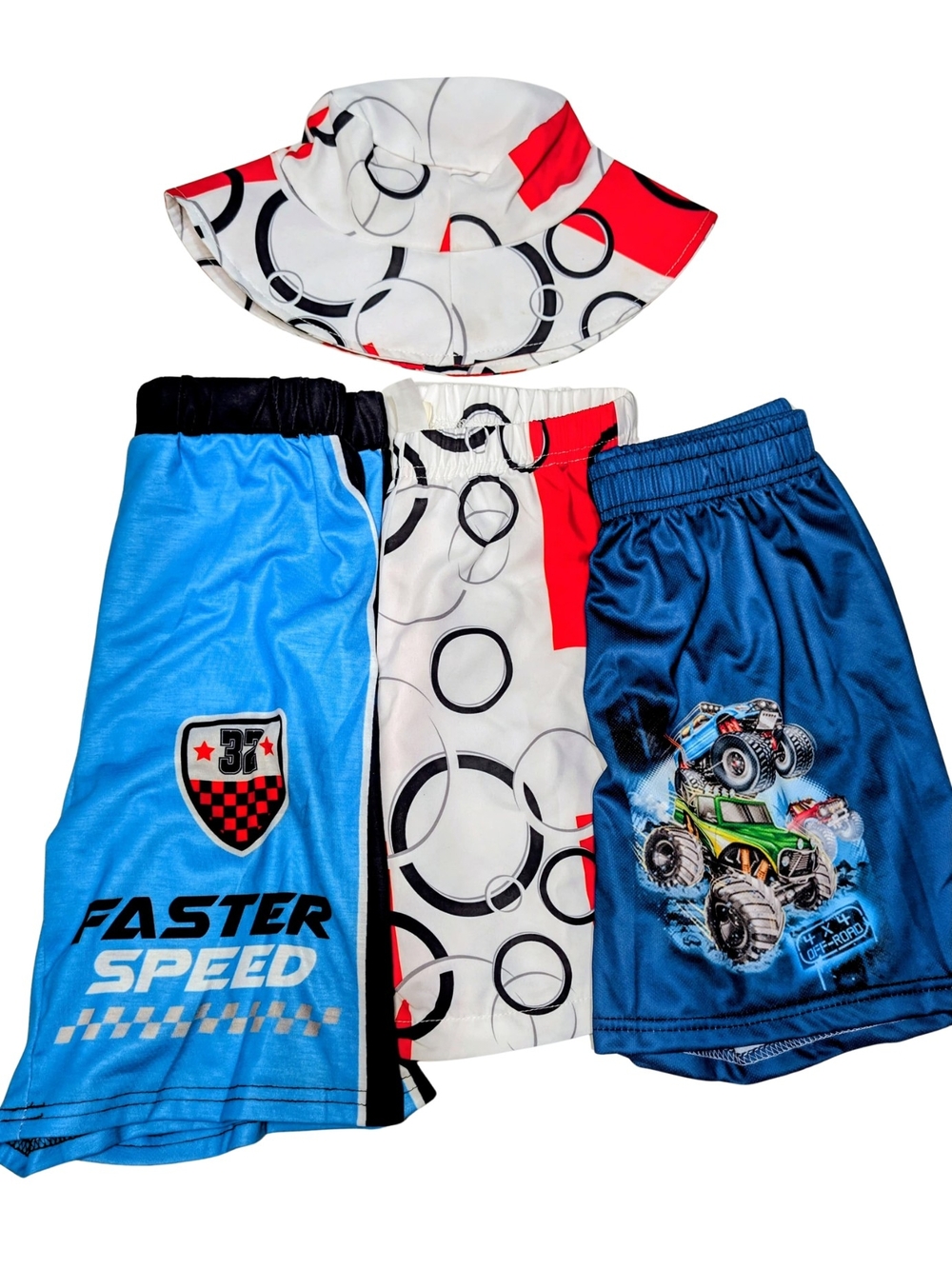 Boys 4-Piece Summer Shorts Bundle With Matching Bucket Hat Monster Truck Sz 9-10